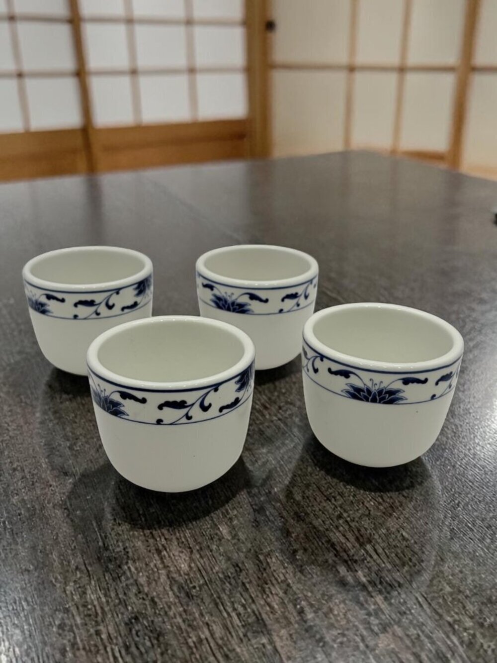 Cameo China Blue Lotus Sake Tea Cups Set of 4 Porcelain 5oz Unhandled Cups